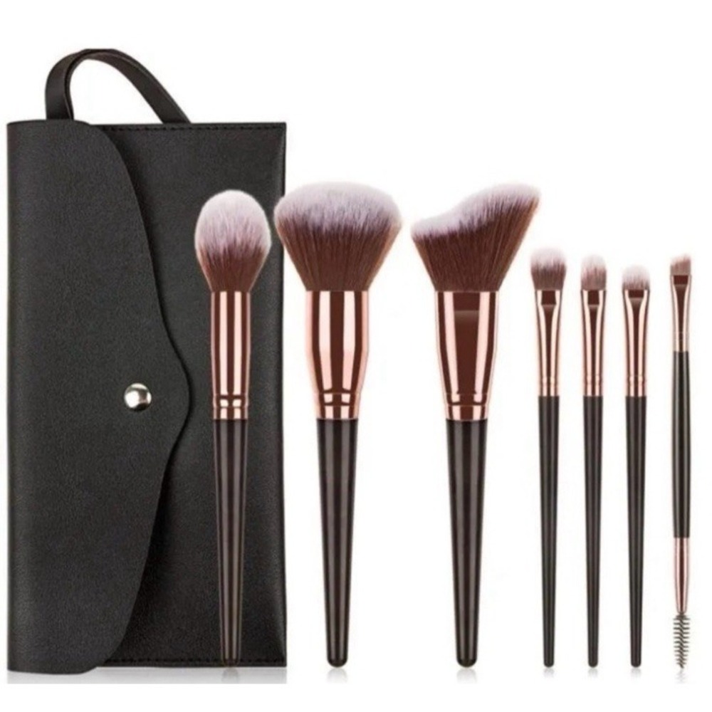 7pc Makeup Brush Set with Travel‎ Case Rose Gold Synthetic Powder Foundation New